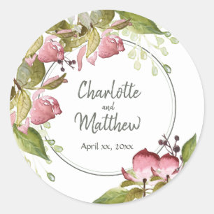 Rond Sticker mariage Aquarelle Roses Rose doux