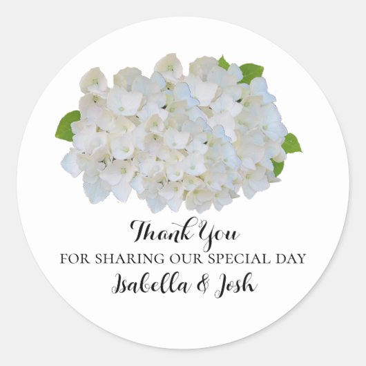Rond Sticker Mariage blanc Hydrangeas Merci (Devant)
