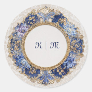 Rond Sticker Mariage bleu baroque floral victorien