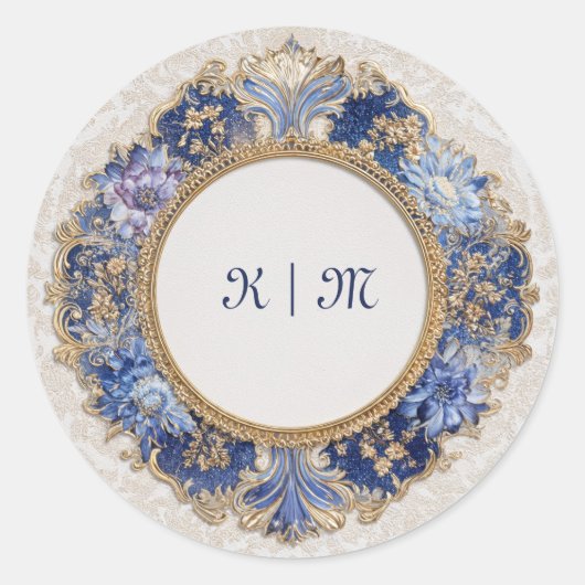 Rond Sticker Mariage bleu baroque floral victorien (Devant)