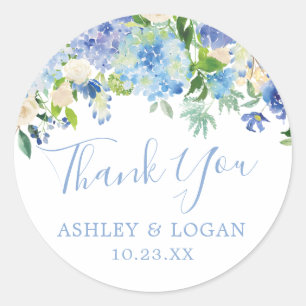 Rond Sticker Mariage Blue Hydrangeas Merci Favor