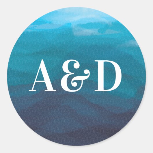 Rond Sticker Mariage Blue Ocean Waves Watercolor (Devant)