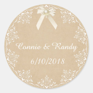 Rond Sticker Mariage Burlap et Lace Bow et Pearl