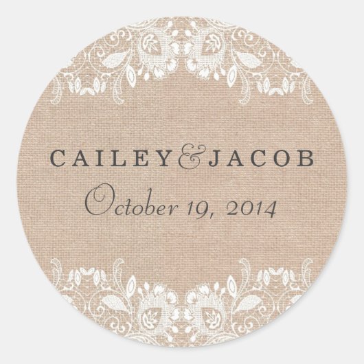 Rond Sticker Mariage Burlap & Lace (Devant)