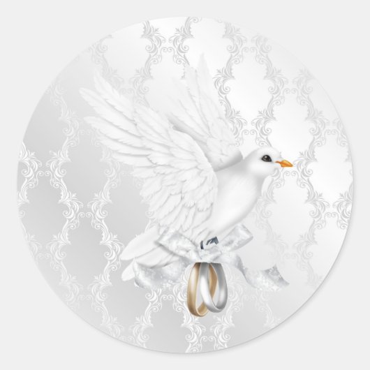 Rond Sticker Mariage damassé en argent avec colombe (Devant)