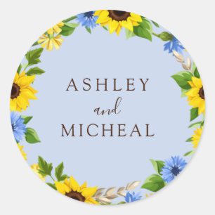 Rond Sticker Mariage de fleurs de tournesol bleu rustiq