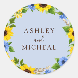 Rond Sticker Mariage de fleurs de tournesol bleu rustiq