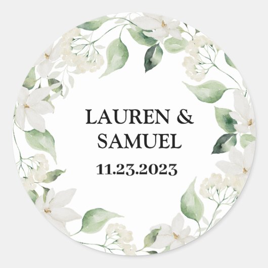 Rond Sticker Mariage de fleurs de verdure aquarelle (Devant)