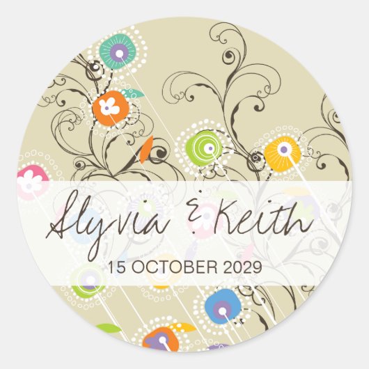 Rond Sticker Mariage de Jardin de Fleur Super Whimsical (Devant)