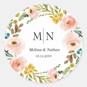 Rond Sticker Mariage de monogramme de fleurs de printem