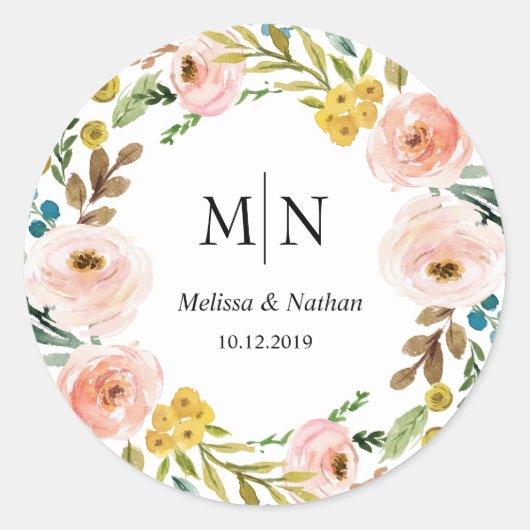 Rond Sticker Mariage de monogramme de fleurs de printem (Devant)
