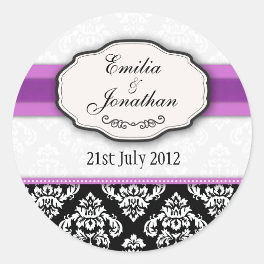 Rond Sticker Mariage de monogramme noir et blanc Damask (Devant)