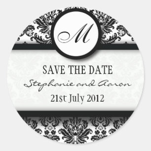 Rond Sticker Mariage de monogramme noir et blanc Damask