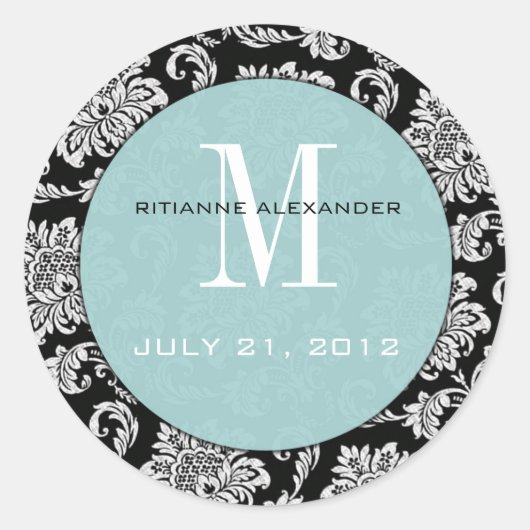 Rond Sticker Mariage de monogramme Tiffany noir Damask (Devant)