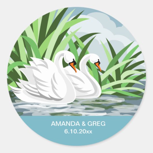 Rond Sticker Mariage de paire de cygne blanc (Devant)