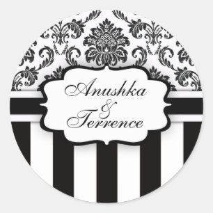 Rond Sticker Mariage en bande noire blanc Damask