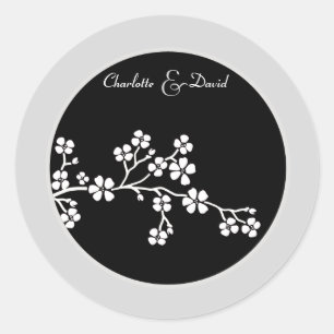 Rond Sticker Mariage en fleurs de cerise noire en argen