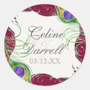 Rond Sticker Mariage en plumes de paon ou sceau