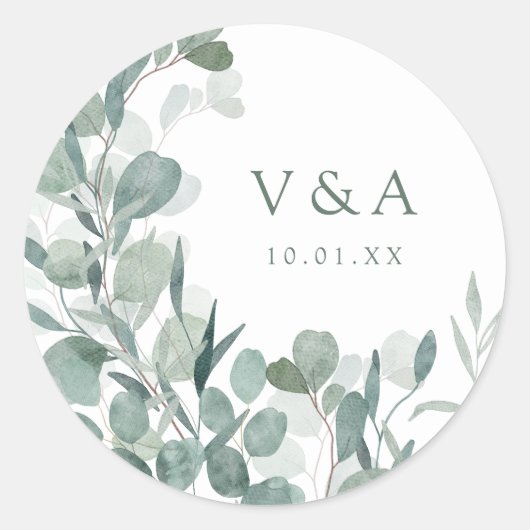 Rond Sticker Mariage Eucalyptus vert (Devant)
