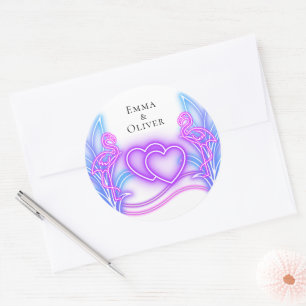 Rond Sticker Mariage Flamant rose & Coeurs
