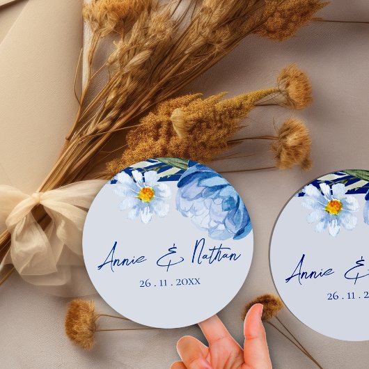 Rond Sticker Mariage Floral à fleurs bleues tendance
