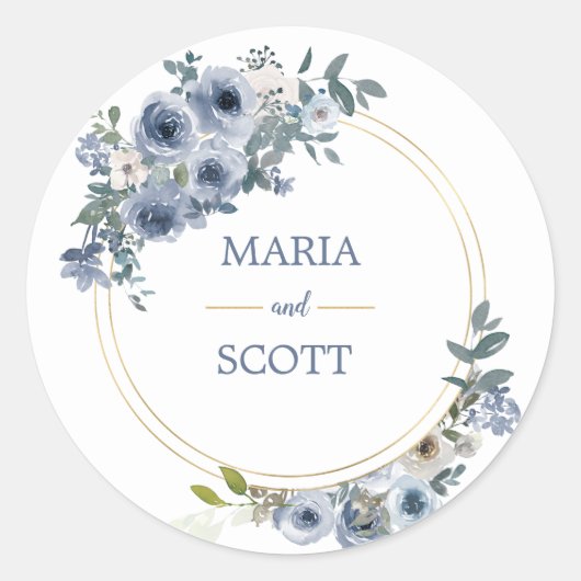 Rond Sticker Mariage floral bleu-blanc Dusty (Devant)