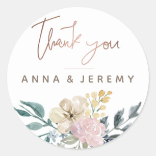 Rond Sticker Mariage Floral Rose or Merci