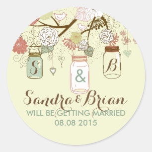 Rond Sticker Mariage Mason Jar & Retro Fleurs