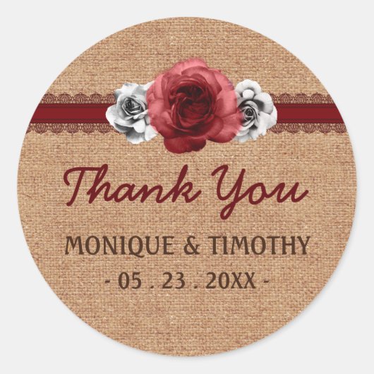 Rond Sticker Mariage Merci en dentelle rouge Rose rusti (Devant)