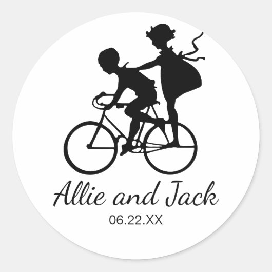 Rond Sticker Mariage mignon avec couple sur un vélo (Devant)