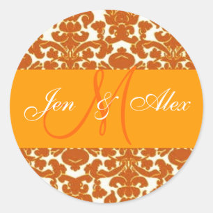Rond Sticker mariage Monogram Bride Groom Orange Damask