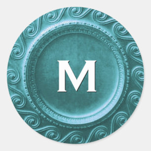 Rond Sticker Mariage Monogram M Turquoise Art Déco
