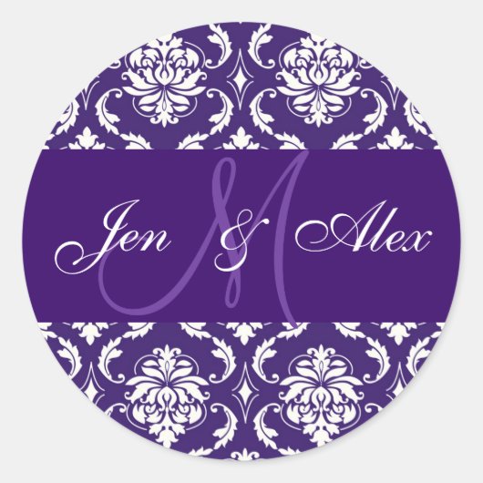 Rond Sticker mariage Monogram Purple Damask (Devant)