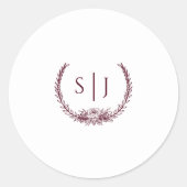 Rond Sticker Mariage Monogramme Blanc Floral Bourgogne (Devant)