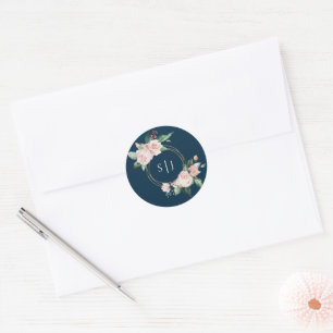 Rond Sticker Mariage Monogramme Blush Floral Navy
