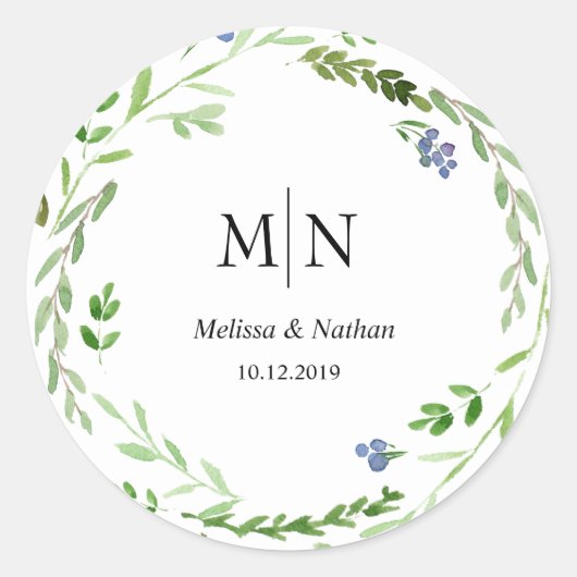 Rond Sticker Mariage Monogramme de verdure (Devant)