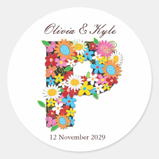 Rond Sticker Mariage Monogramme Fleurs de ressort (Devant)