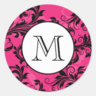 Rond Sticker Mariage Monogramme rose noire