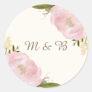 Rond Sticker Mariage Monogramme vintage Pink Peonies