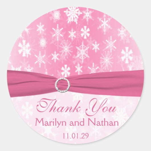 Rond Sticker Mariage pour flocons de neige rose et blan (Devant)