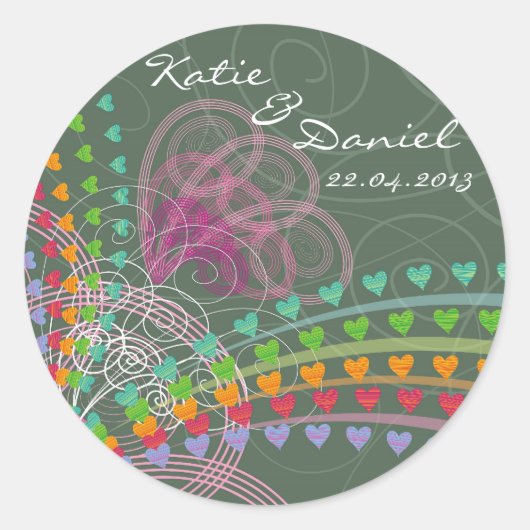 Rond Sticker Mariage Rainbow Love Hearts Pink Swirls (Devant)