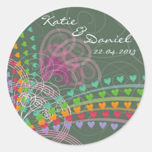 Rond Sticker Mariage Rainbow Love Hearts Pink Swirls