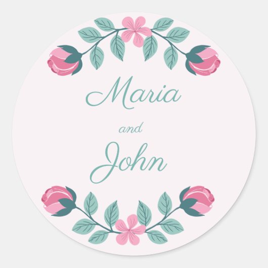 Rond sticker mariage rose feuille et fleurs (Devant)