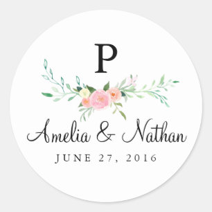 Rond Sticker Mariage rose fleuri à l'aquarelle douce