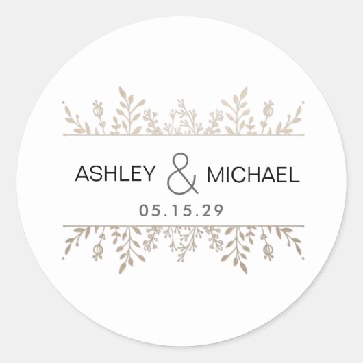 Rond Sticker Mariage Rose Gold Leafy Frame (Devant)