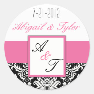 Rond Sticker Mariage rose noir Monogramme Damask