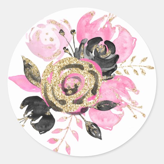 Rond Sticker Mariage rose, noir, or Floral (Devant)