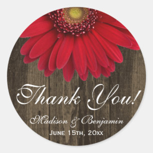 Rond Sticker Mariage Rustic Red Gerber Daisy