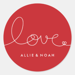 Rond Sticker Mariage simple moderne Red Loopy Love Hear