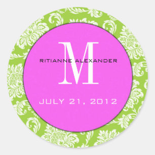 Rond Sticker Mariage vert Damask rose Monogram